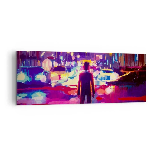 Bild auf Leinwand - Leinwandbild - Ein Mann in einer neonfarbenen Nachtszene einer Stadt - 140x50cm - Eingetaucht in das Licht - Moderne Wanddekoration für Wohnzimmer und Schlafzimmer ARTTOR