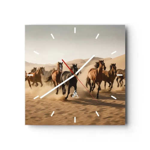 Wanduhr - Glasuhr - Galoppierende Pferde vor Wüstenhintergrund - 30x30cm - Frei wie der Wind - Moderne Wanddekoration für Wohnzimmer und Schlafzimmer ARTTOR