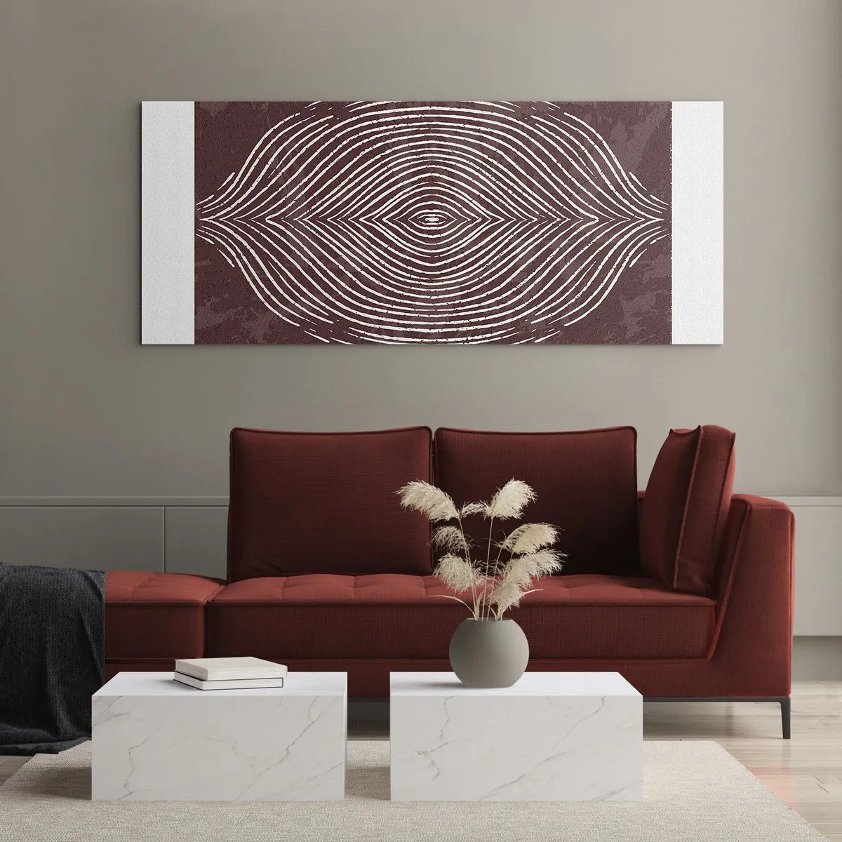 Glasbild - Bild auf glas - Symmetrische Wellen in weißen Linien auf braunem Hintergrund - 160x50cm - Der Raum spricht - Moderne Wanddekoration für Wohnzimmer und Schlafzimmer ARTTOR