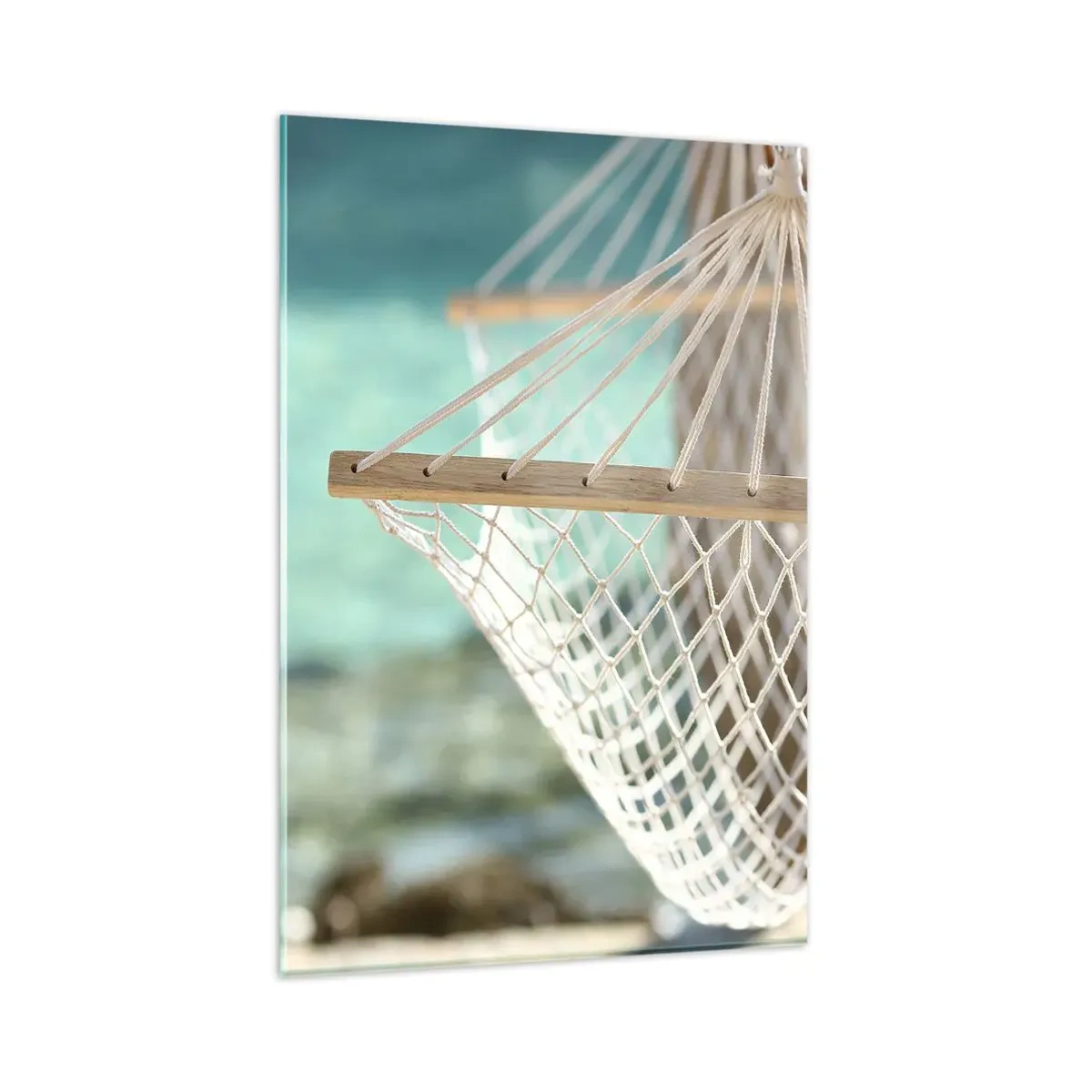 Glasbild - Bild auf glas - Eine Hängematte mit Blick auf das türkisfarbene Wasser - 80x120cm - Zeit zum Entspannen - Moderne Wanddekoration für Wohnzimmer und Schlafzimmer ARTTOR