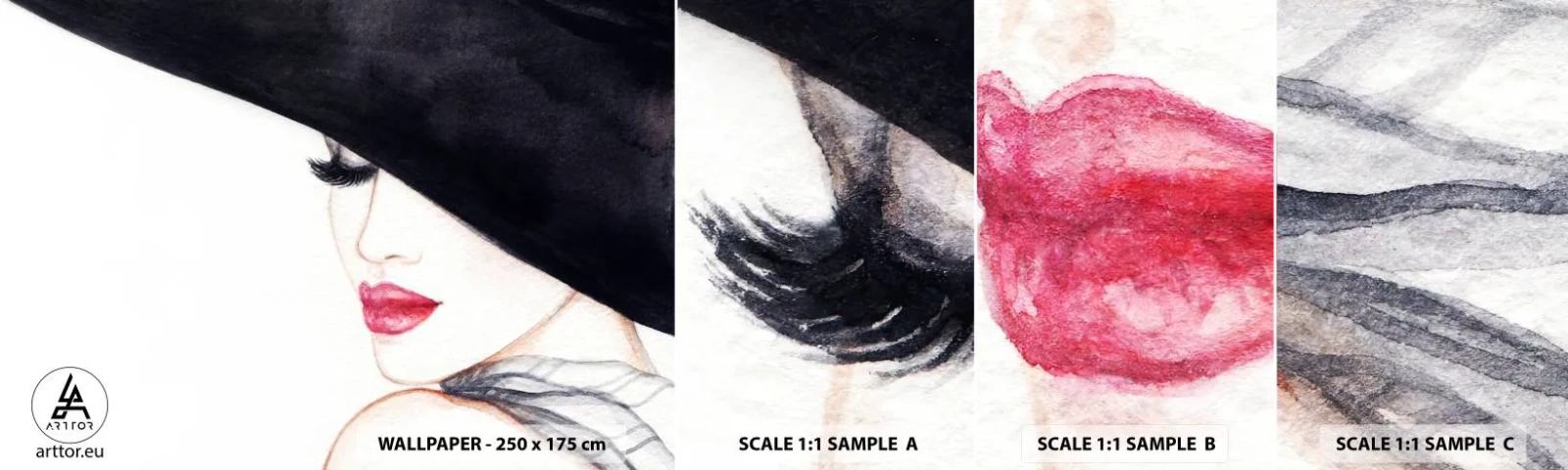 Fototapeten Muster Selbstklebend Deluxe Sticker - Eleganz und Sinnlichkeit - Frau, rote Lippen, Schwarzer Hut - 100x30 cm