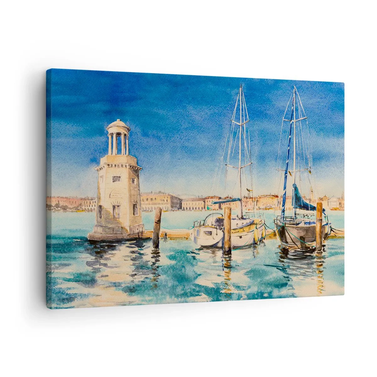 Bild auf Leinwand - Leinwandbild - Yachthafen mit Booten vor der Kulisse einer blauen Lagune - 70x50cm - Sonnige Lagune - Moderne Wanddekoration für Wohnzimmer und Schlafzimmer ARTTOR