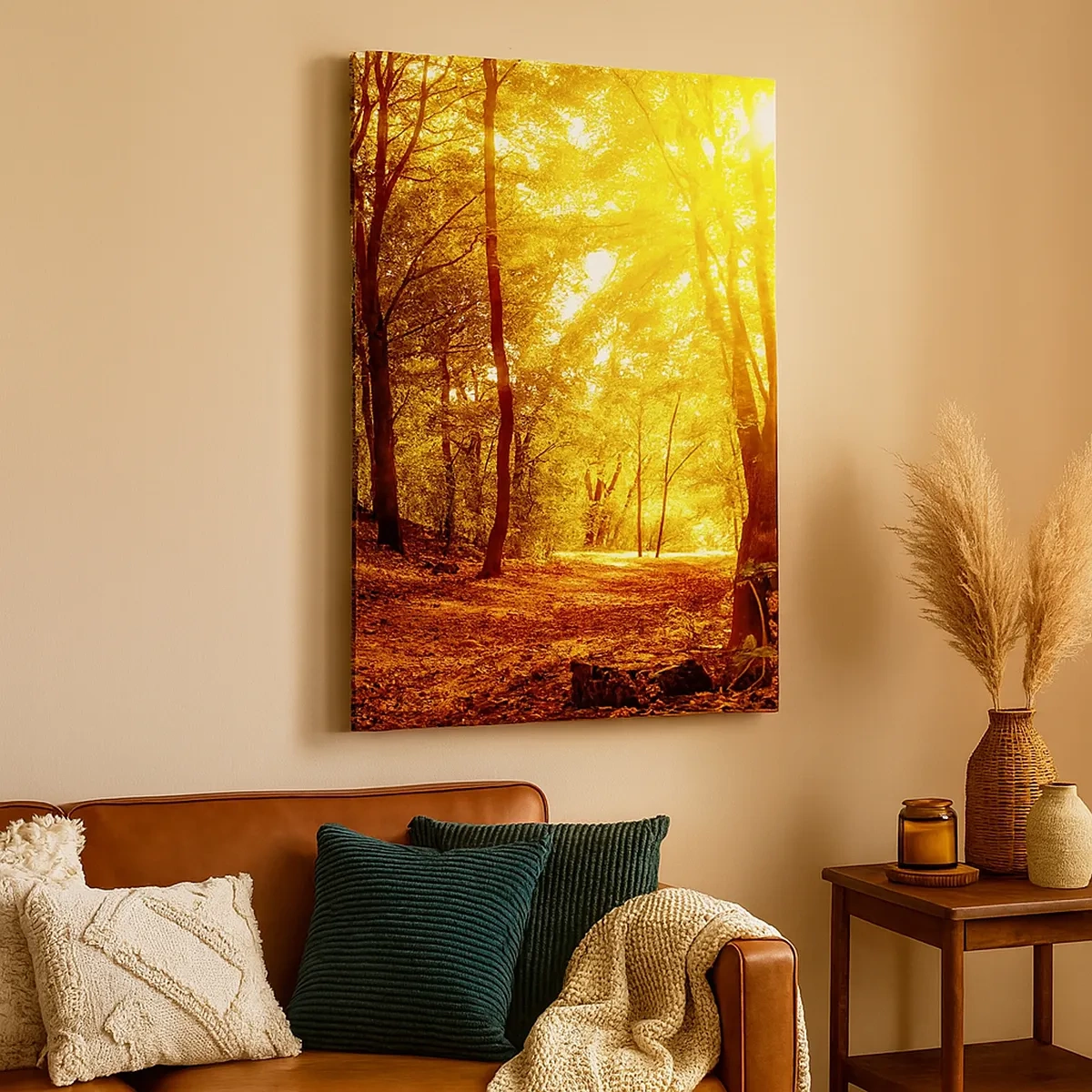 Bild auf Leinwand - Leinwandbild - Herbstlichtung im goldenen Sonnenlicht mit einem Waldweg - 50x70cm - Auf die goldene Lichtung - Moderne Wanddekoration für Wohnzimmer und Schlafzimmer ARTTOR