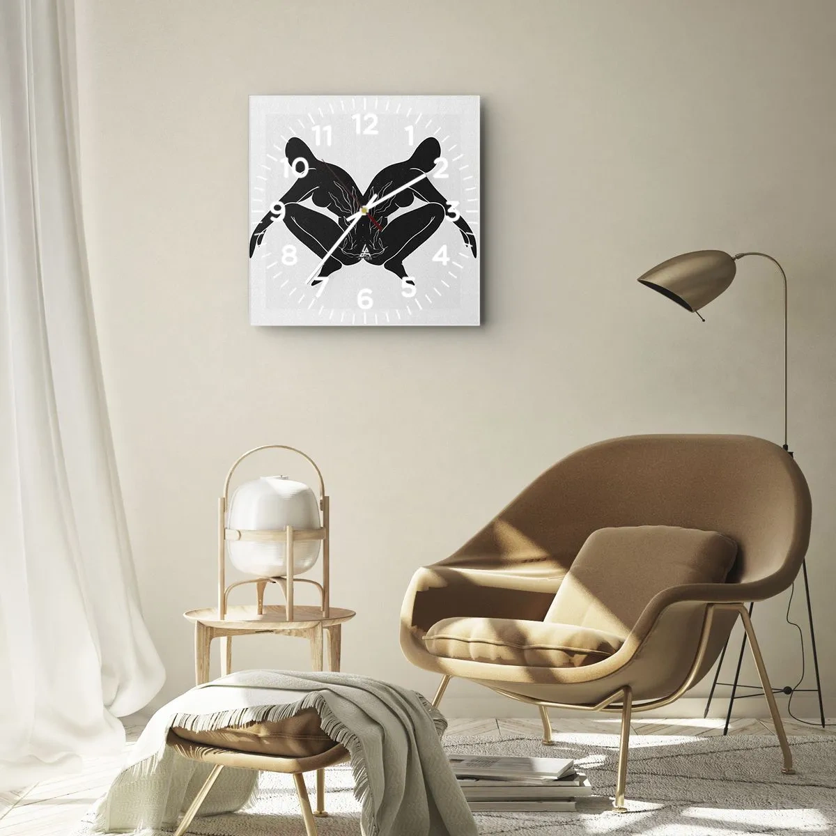 Wanduhr - Glasuhr - Schwarze Silhouetten in symmetrischer Position auf weißem Hintergrund - 30x30cm - Gemeinsame Seele - Moderne Wanddekoration für Wohnzimmer und Schlafzimmer ARTTOR