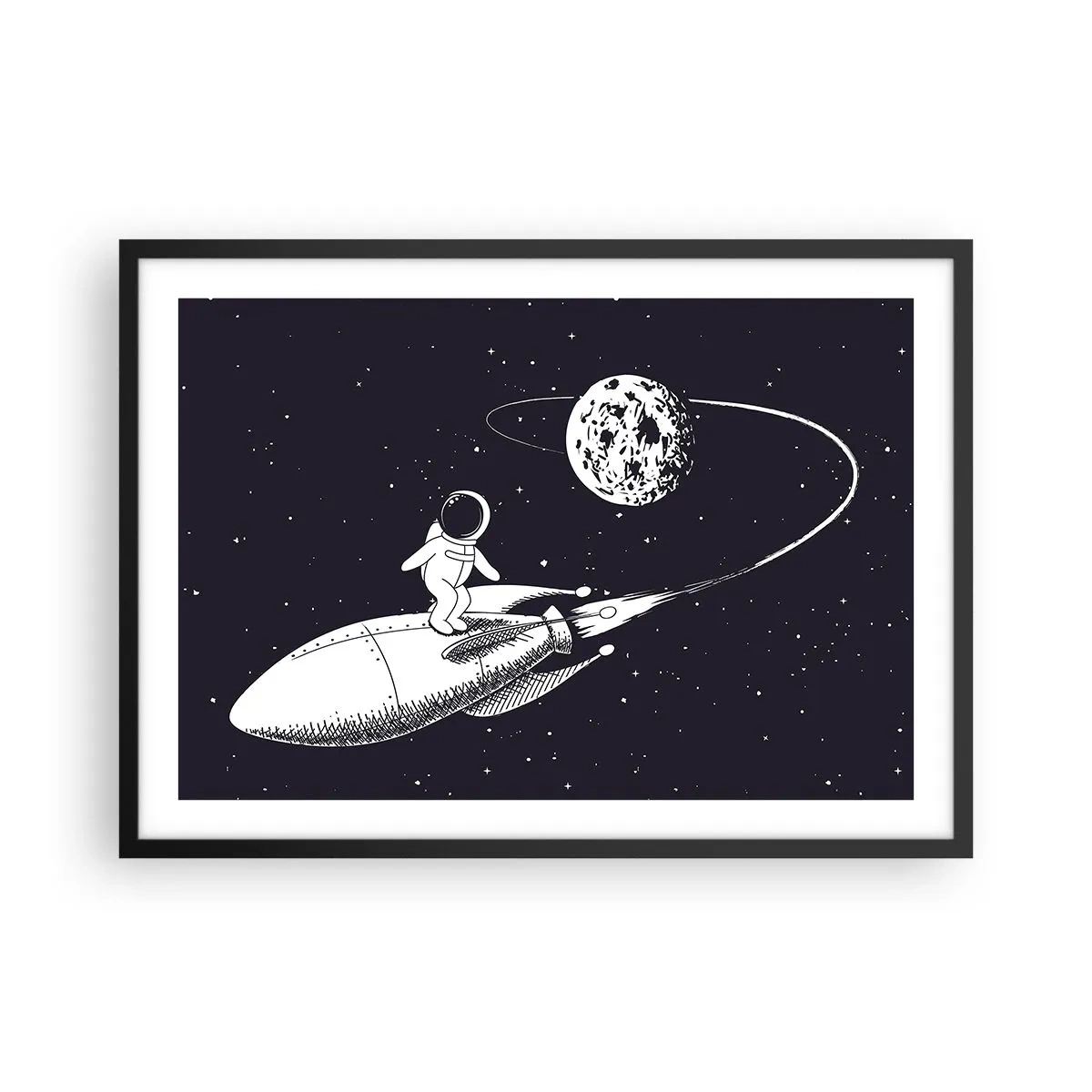 Poster in einem schwarzem Rahmen - Astronaut auf einer Rakete im Weltraum - 70x50cm - Weltraumsurfer - Moderne Wanddekoration für Wohnzimmer und Schlafzimmer ARTTOR
