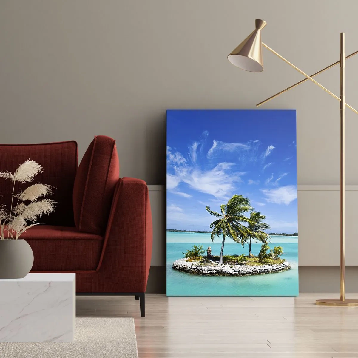 Bild auf Leinwand - Leinwandbild - Eine exotische Insel mit Palmen auf türkisfarbenem Wasser - 50x70cm - Ein Paradies auf Erden - Moderne Wanddekoration für Wohnzimmer und Schlafzimmer ARTTOR