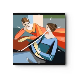 Wanduhr - Glasuhr - Abstrakte Darstellung zweier Frauen im kubistischen Stil - 30x30cm - Moment der Zuversicht - Moderne Wanddekoration für Wohnzimmer und Schlafzimmer ARTTOR