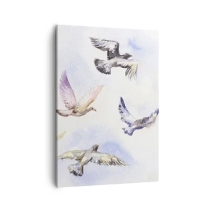 Bild auf Leinwand - Leinwandbild - Aquarellvögel im Flug vor einem zarten Himmel - 50x70cm - Freiheit in Grau und Blau - Moderne Wanddekoration für Wohnzimmer und Schlafzimmer ARTTOR