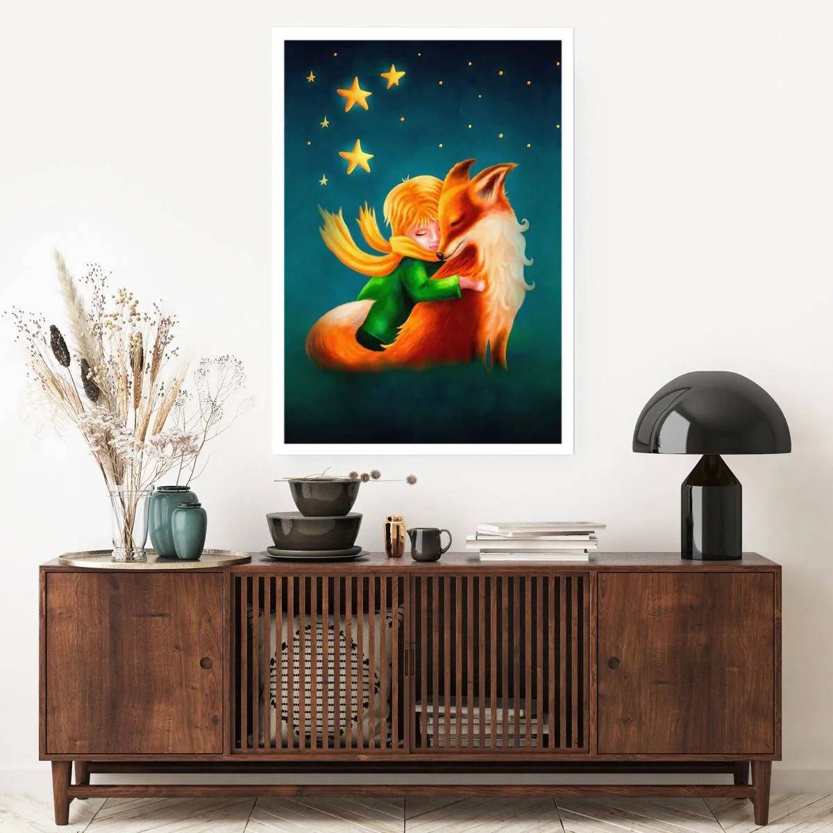 Poster - Eine Figur mit einem Fuchs in einer zauberhaften Sternenkulisse - 50x70cm - Kleiner Prinz - Moderne Wanddekoration für Wohnzimmer und Schlafzimmer ARTTOR