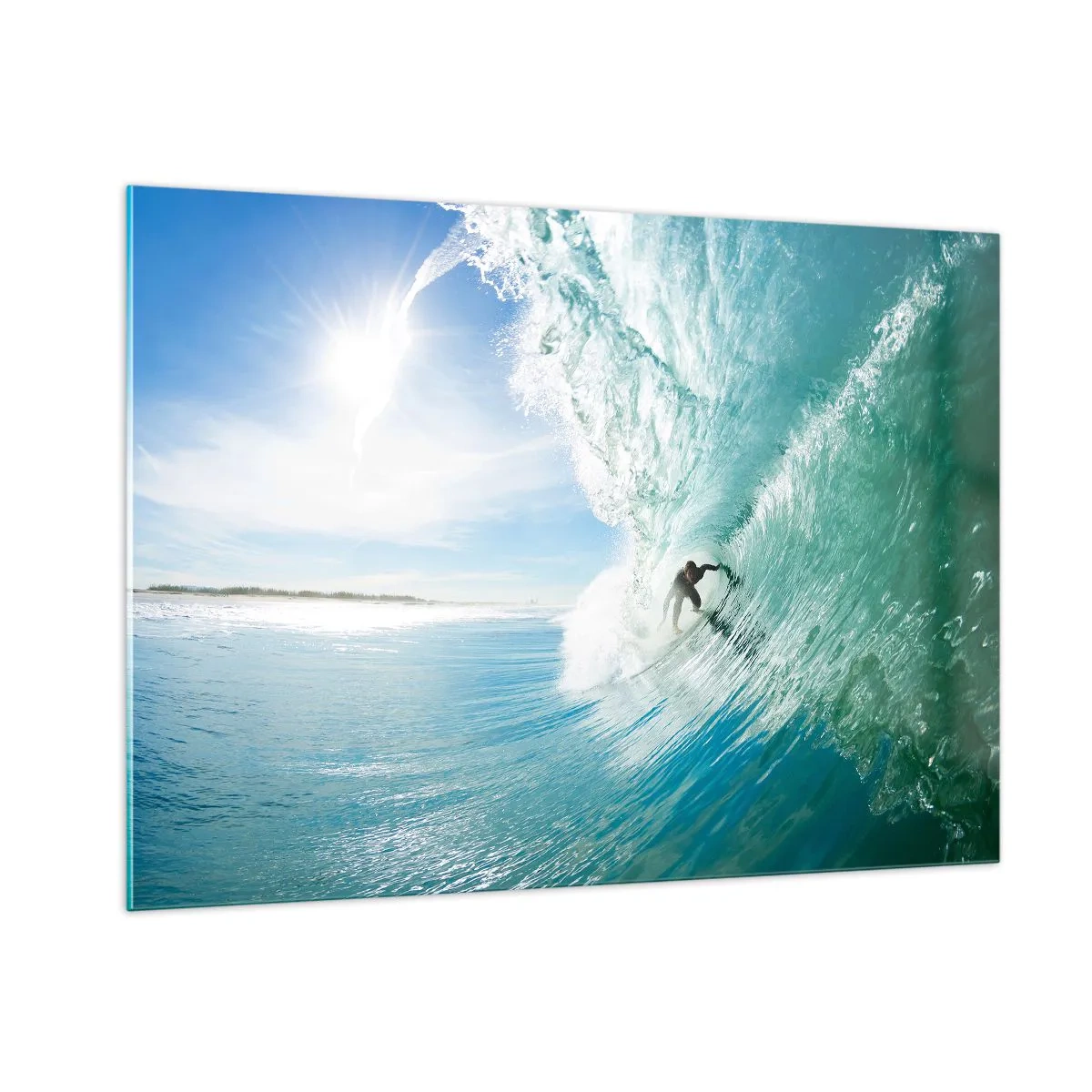Glasbild - Bild auf glas - Ein Surfer reitet auf einer Welle vor blauem Himmel - 100x70cm - Immer Top - Moderne Wanddekoration für Wohnzimmer und Schlafzimmer ARTTOR