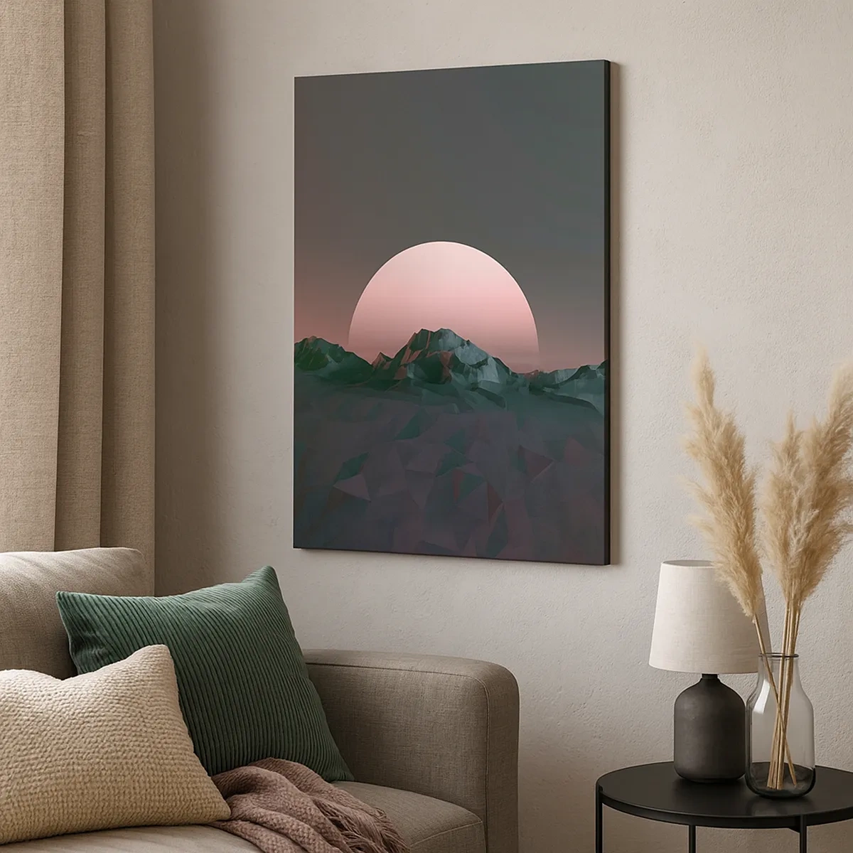 Bild auf Leinwand - Leinwandbild - Geometrische Berge mit der untergehenden Sonne im Hintergrund - 50x70cm - In einer Nachbargalaxie - Moderne Wanddekoration für Wohnzimmer und Schlafzimmer ARTTOR