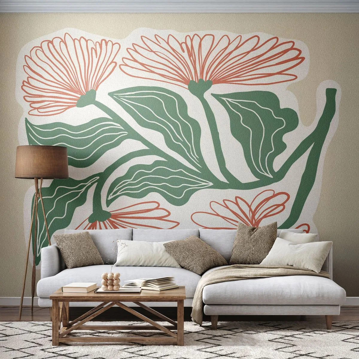 Fototapete Premium Sand - Stilisierte Blumen mit roten Blütenblättern und grünen Blättern - 100x70cm - Im Folkstil und modern - Moderne Wanddekoration für Wohnzimmer und Schlafzimmer ARTTOR