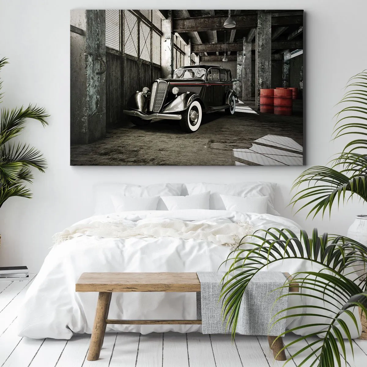 Bild auf Leinwand - Leinwandbild - Stilvolles Retro-Auto in einem Rohlager - 70x50cm - Die ewige Eleganz der 1930er Jahre - Moderne Wanddekoration für Wohnzimmer und Schlafzimmer ARTTOR