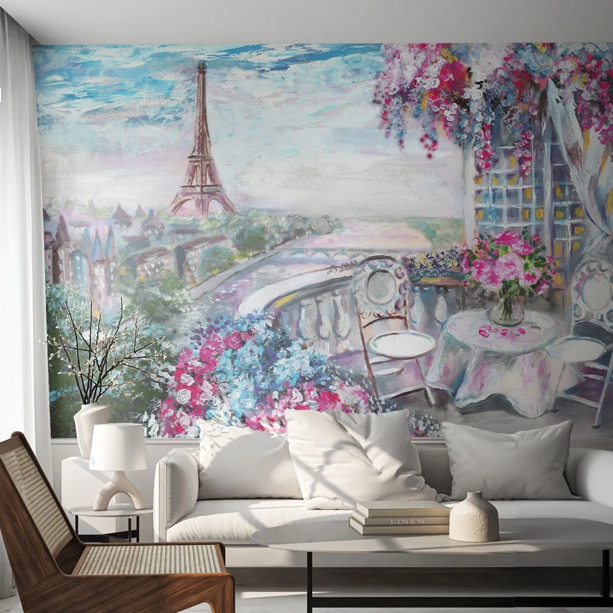 Fototapete Premium Sand - Romantischer Blick auf den Eiffelturm vom Balkon - 100x70cm - Am schönsten ist es hier im Mai - Moderne Wanddekoration für Wohnzimmer und Schlafzimmer ARTTOR