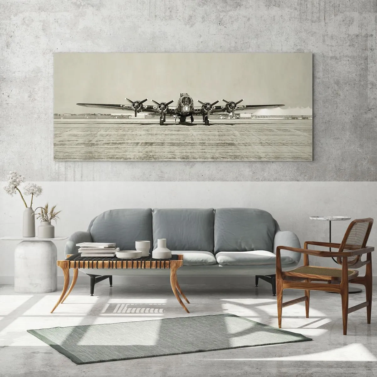 Glasbild - Bild auf glas - Historisches Flugzeug auf dem Flughafen in Sepia - 140x50cm - Wie immer bereit - Moderne Wanddekoration für Wohnzimmer und Schlafzimmer ARTTOR