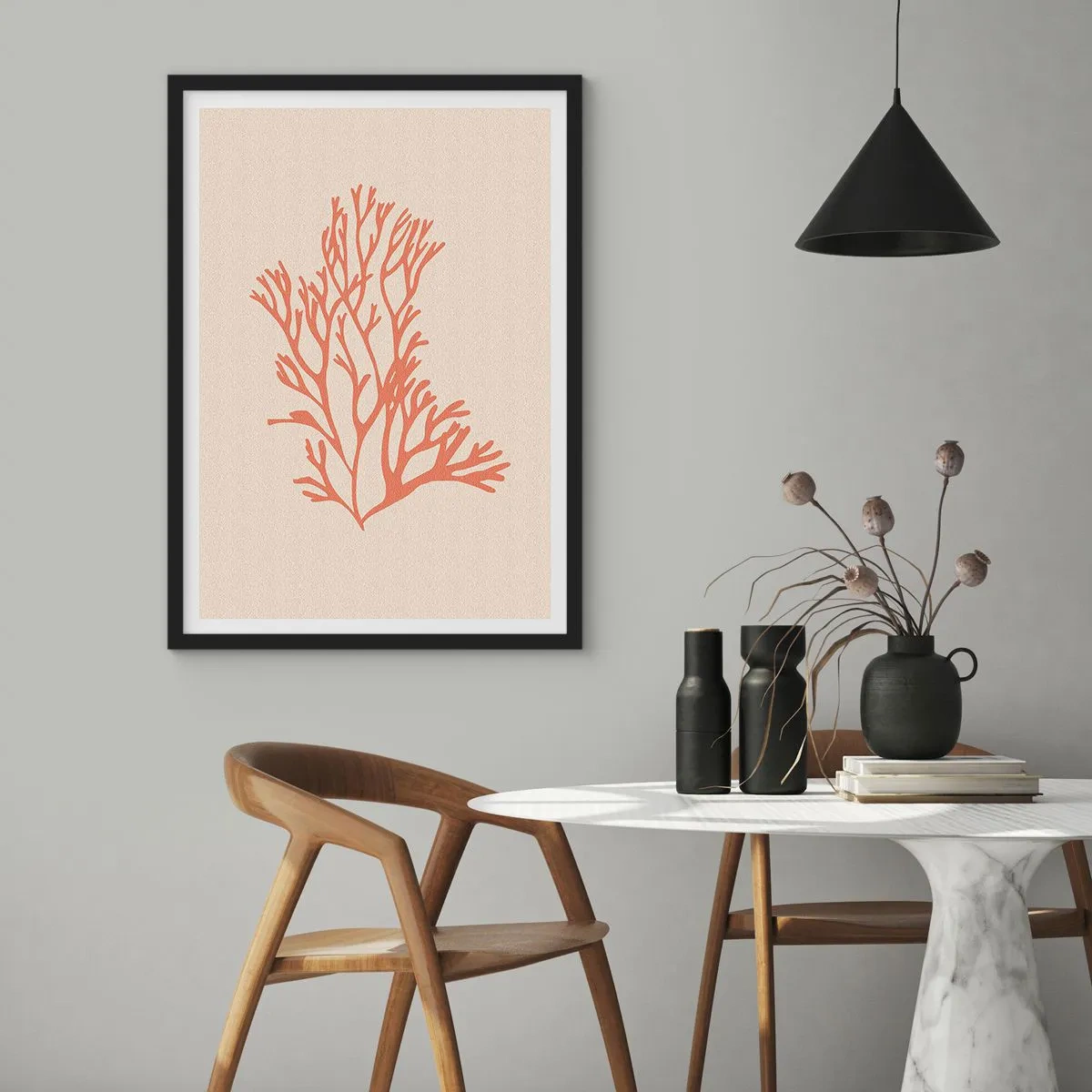 Poster in einem schwarzem Rahmen - Eine zarte Illustration von Korallen auf hellem Hintergrund - 50x70cm - Korallenfiligran - Moderne Wanddekoration für Wohnzimmer und Schlafzimmer ARTTOR