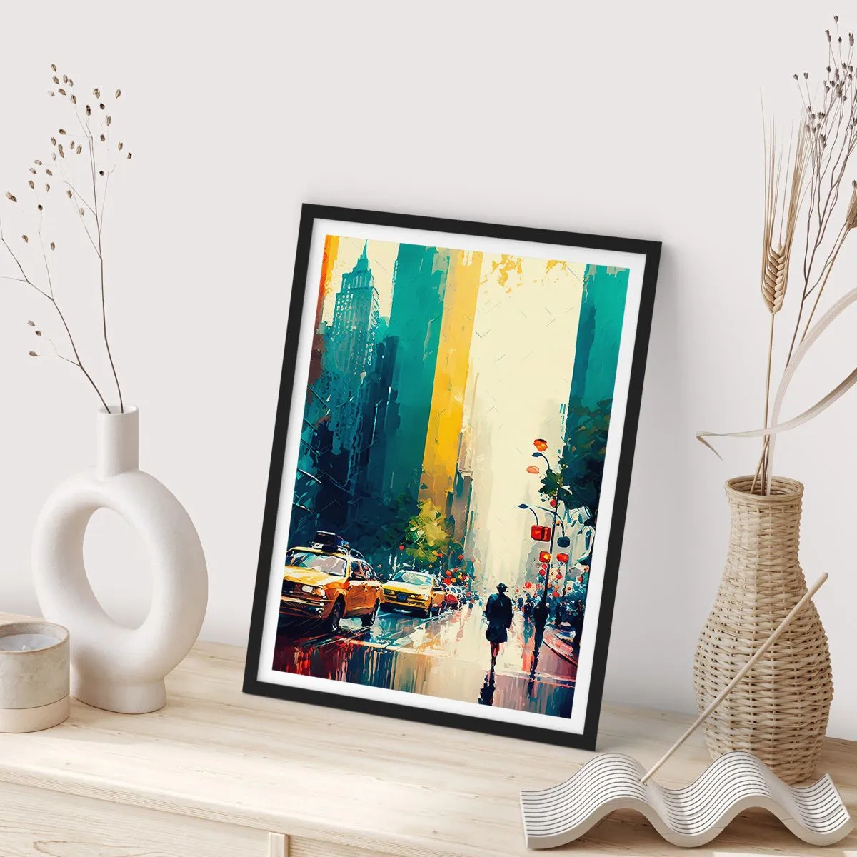 Poster in einem schwarzem Rahmen - Eine bunte Straße einer Großstadt mit gelben Taxis - 50x70cm - New York – selbst der Regen ist hier bunt - Moderne Wanddekoration für Wohnzimmer und Schlafzimmer ARTTOR