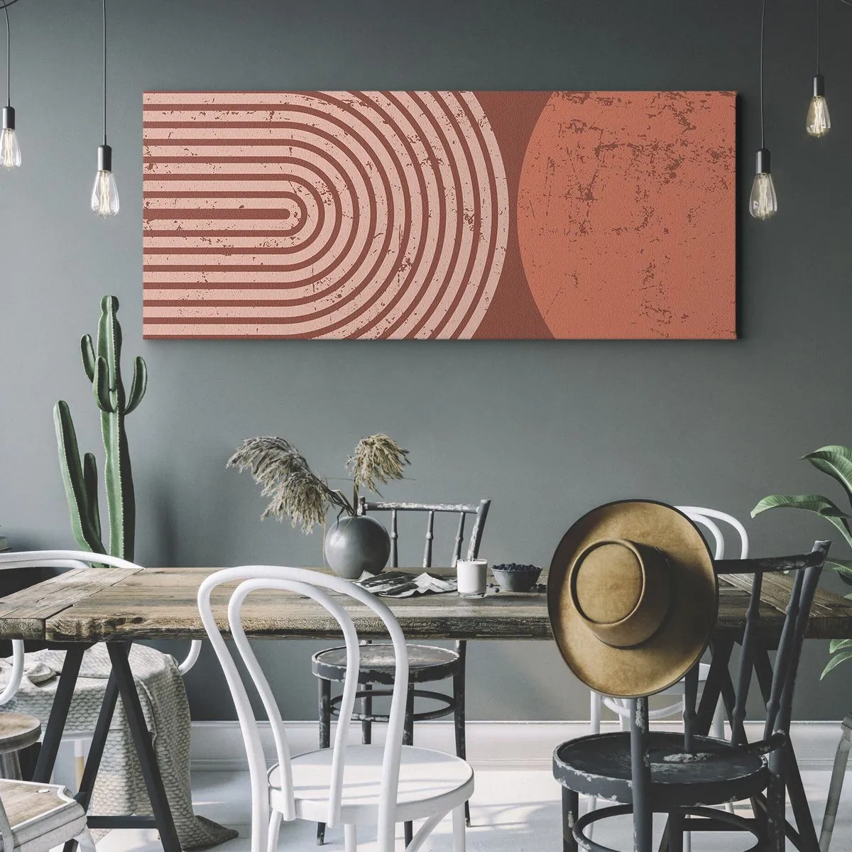 Bild auf Leinwand - Leinwandbild - Geometrische Muster in Terrakotta-Tönen auf Vintage-Hintergrund - 160x50cm - Enge Beziehung - Moderne Wanddekoration für Wohnzimmer und Schlafzimmer ARTTOR