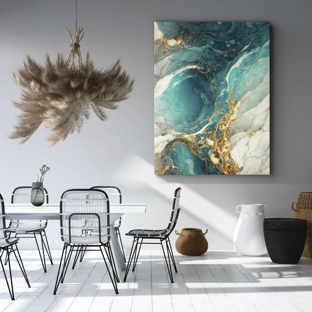 Bild auf Leinwand - Leinwandbild - Eine abstrakte Komposition in Türkis- und Goldtönen. - 50x70cm - Komposition mit Goldadern - Moderne Wanddekoration für Wohnzimmer und Schlafzimmer ARTTOR