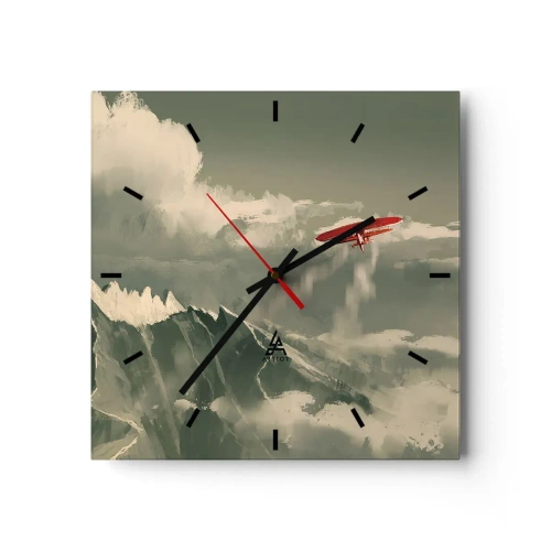 Wanduhr - Glasuhr - Rotes Flugzeug über schneebedeckten Bergen - 30x30cm - Furchtloser Pionier - Moderne Wanddekoration für Wohnzimmer und Schlafzimmer ARTTOR