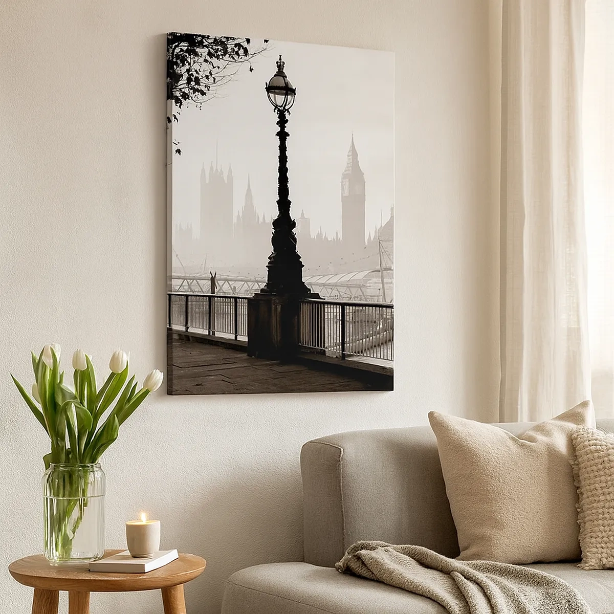 Bild auf Leinwand - Leinwandbild - Eine monochrome Ansicht von Big Ben und der Themse. - 50x70cm - Londoner Morgen - Moderne Wanddekoration für Wohnzimmer und Schlafzimmer ARTTOR