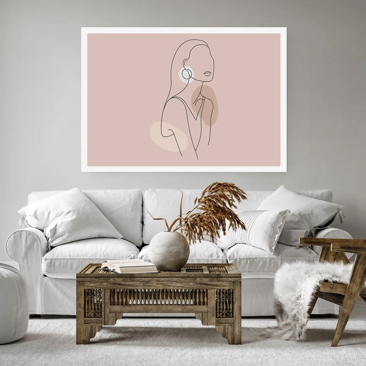 Poster - Minimalistische Illustration einer Frau mit Umrissen auf beigem Hintergrund - 100x70cm - Mädchenhafte Ikone - Moderne Wanddekoration für Wohnzimmer und Schlafzimmer ARTTOR