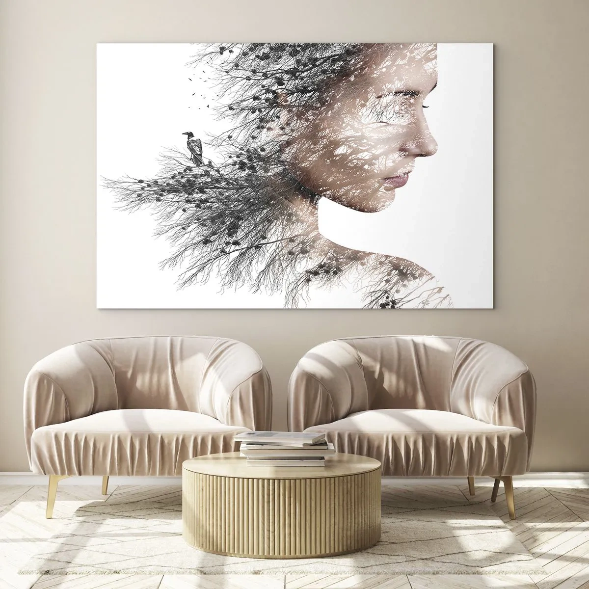 Glasbild - Bild auf glas - Porträt einer Frau mit Zweigen im Hintergrund - 120x80cm - Der Geist des Waldes - Moderne Wanddekoration für Wohnzimmer und Schlafzimmer ARTTOR