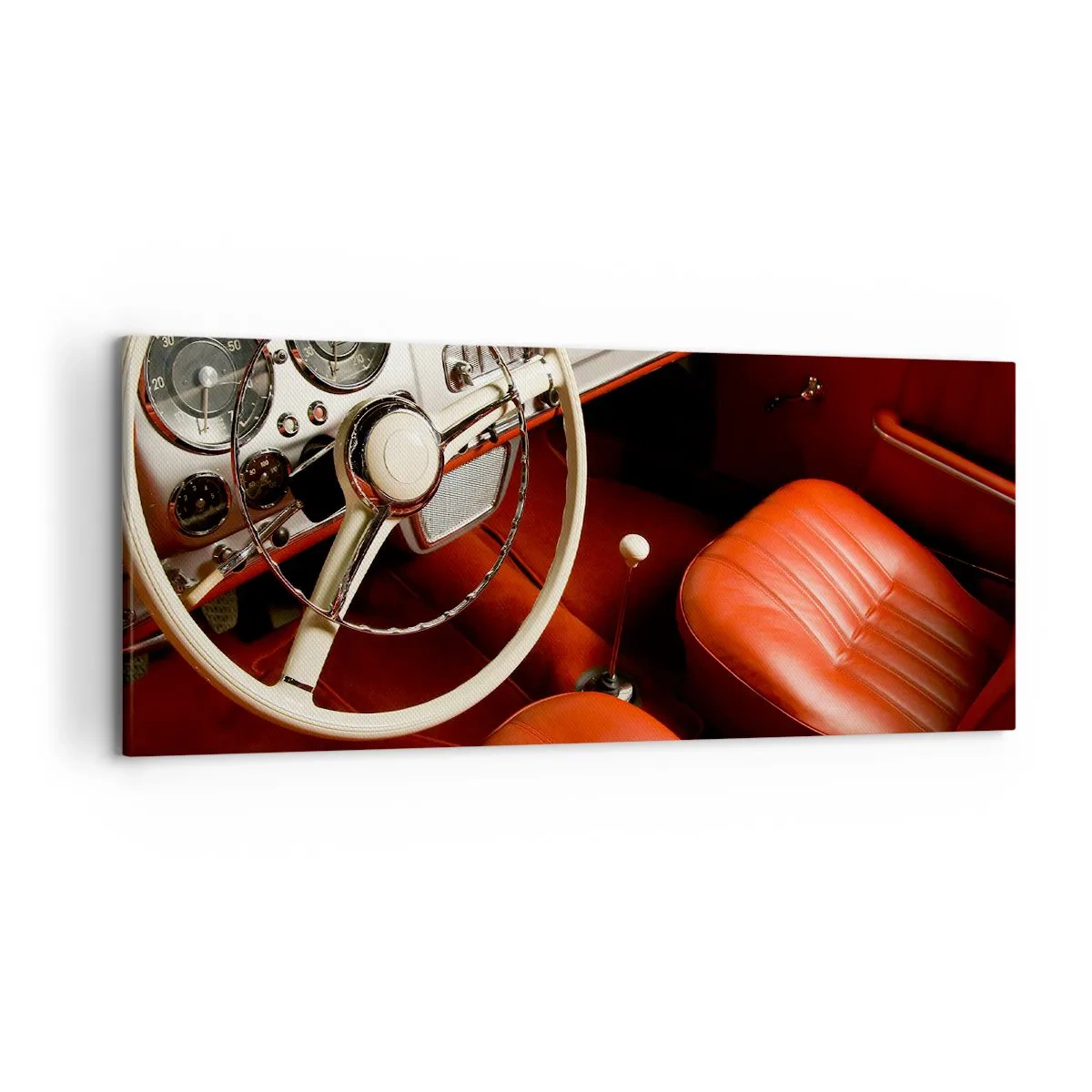 Bild auf Leinwand - Leinwandbild - Oldtimer-Innenraum mit roten Ledersitzen - 120x50cm - Luxus im Vintagestil - Moderne Wanddekoration für Wohnzimmer und Schlafzimmer ARTTOR
