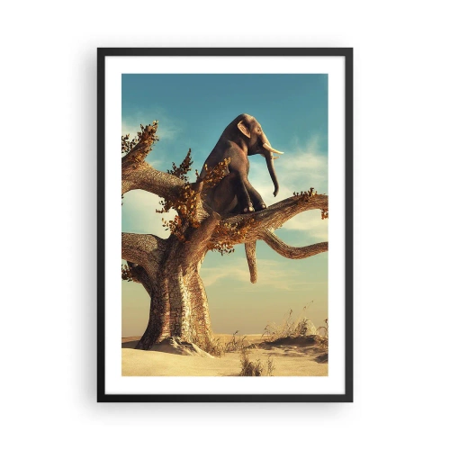 Poster in einem schwarzem Rahmen - Ein Elefant sitzt auf einem Ast in einer surrealen Landschaft. - 50x70cm - Ein neuer Standpunkt - Moderne Wanddekoration für Wohnzimmer und Schlafzimmer ARTTOR