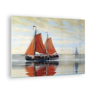 Glasbild - Bild auf glas - Segelschiffe auf ruhiger See bei Sonnenuntergang - 70x50cm - Hey, Segel, Matrose ... - Moderne Wanddekoration für Wohnzimmer und Schlafzimmer ARTTOR