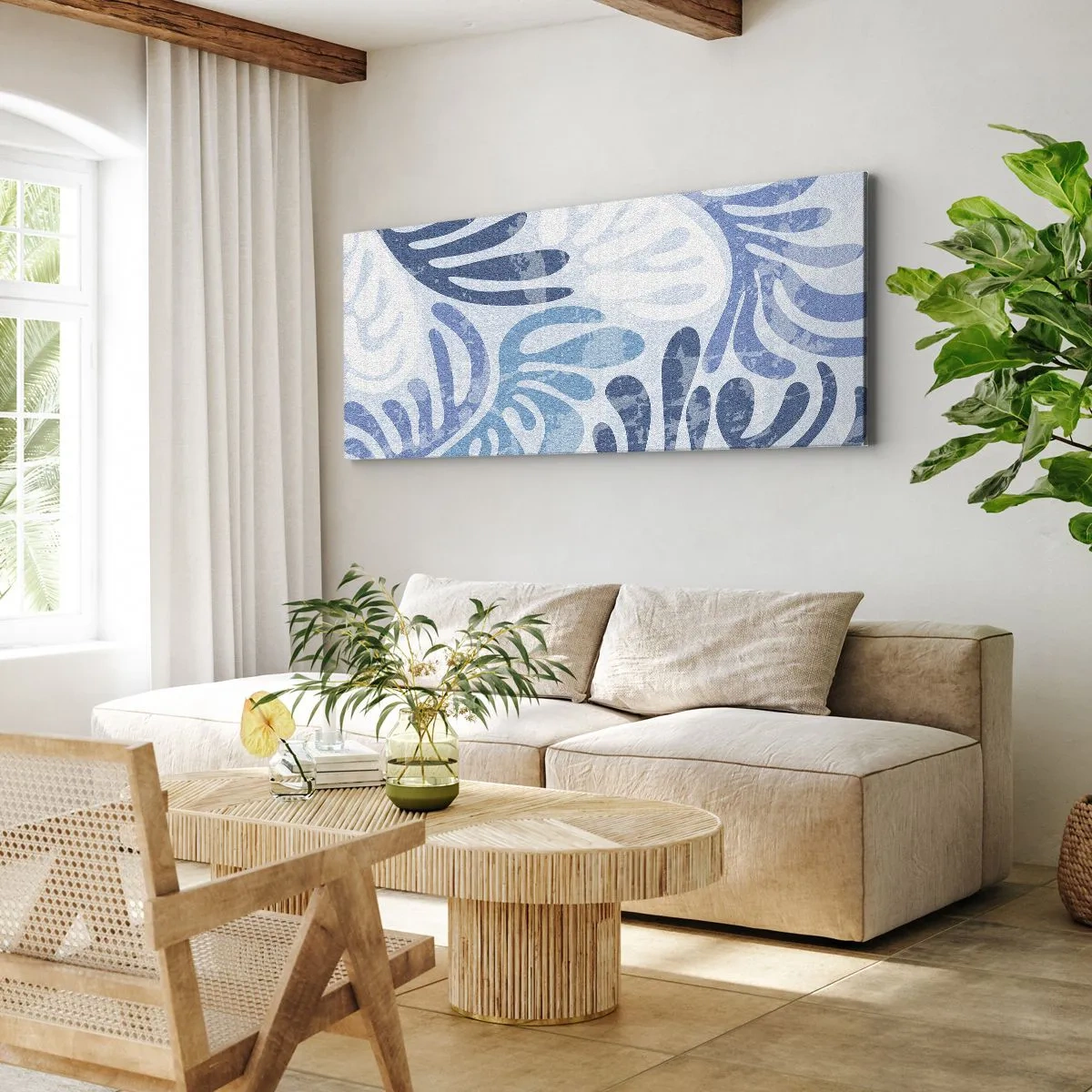 Bild auf Leinwand - Leinwandbild - Abstrakte Formen in Blautönen auf weißem Hintergrund - 160x50cm - Blaue Farne - Moderne Wanddekoration für Wohnzimmer und Schlafzimmer ARTTOR