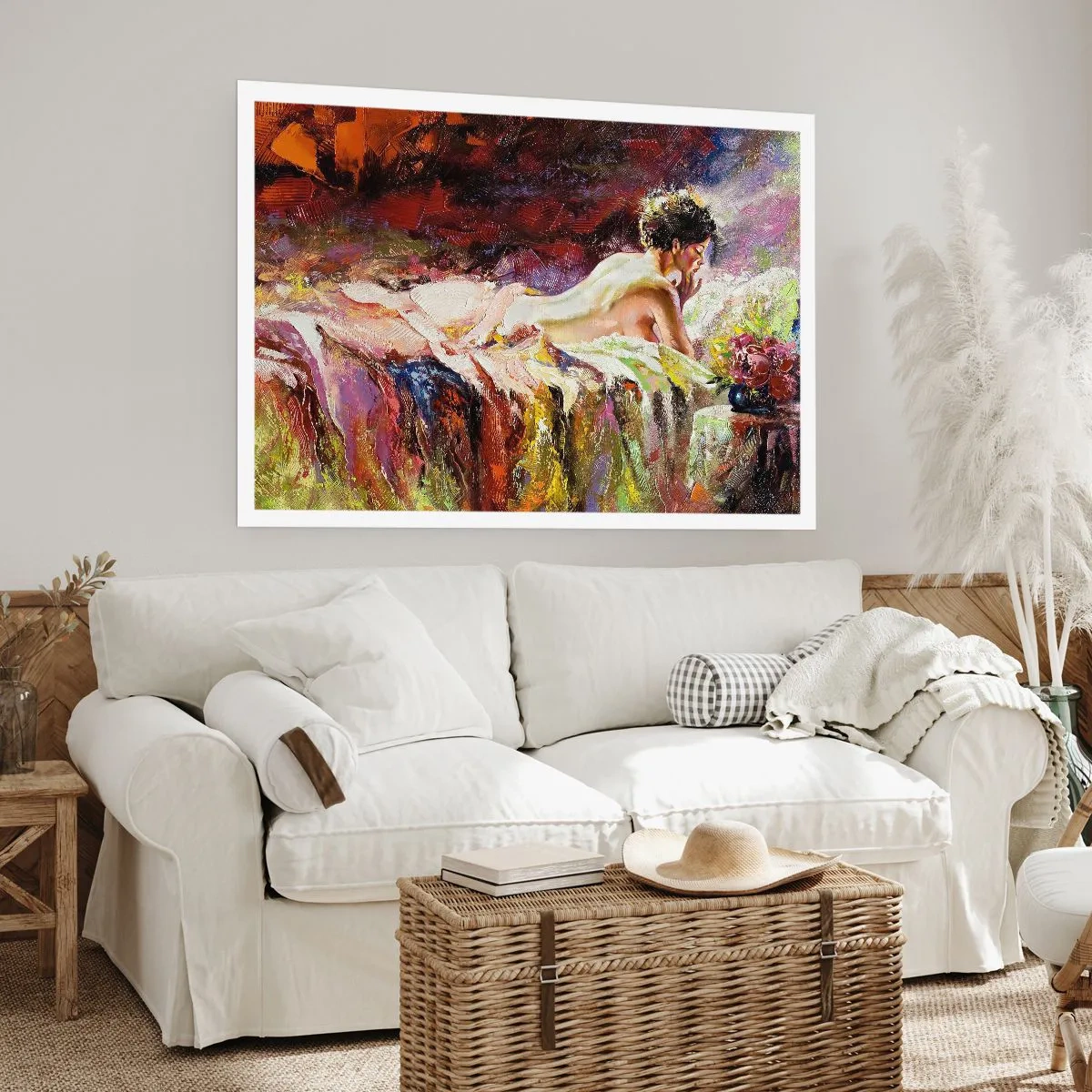 Poster - Eine Frau liegt auf einem Bett vor einem Hintergrund aus abstrakten Farben. - 100x70cm - Venus in Gedanken - Moderne Wanddekoration für Wohnzimmer und Schlafzimmer ARTTOR