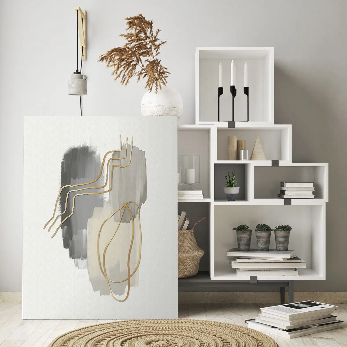 Glasbild - Bild auf glas - Abstrakte goldene Linien auf grauem Hintergrund - 70x100cm - Dauer und Bewegung - Moderne Wanddekoration für Wohnzimmer und Schlafzimmer ARTTOR