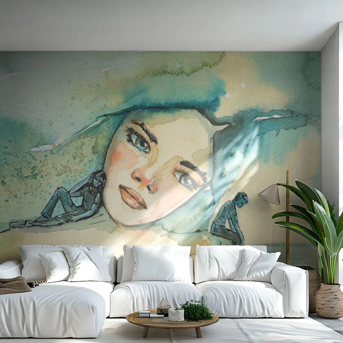 Fototapete Premium Sand - Ein künstlerisches Frauenporträt in einer emotionalen Aquarellkomposition. - 100x70cm - Bin ich blau? - Moderne Wanddekoration für Wohnzimmer und Schlafzimmer ARTTOR