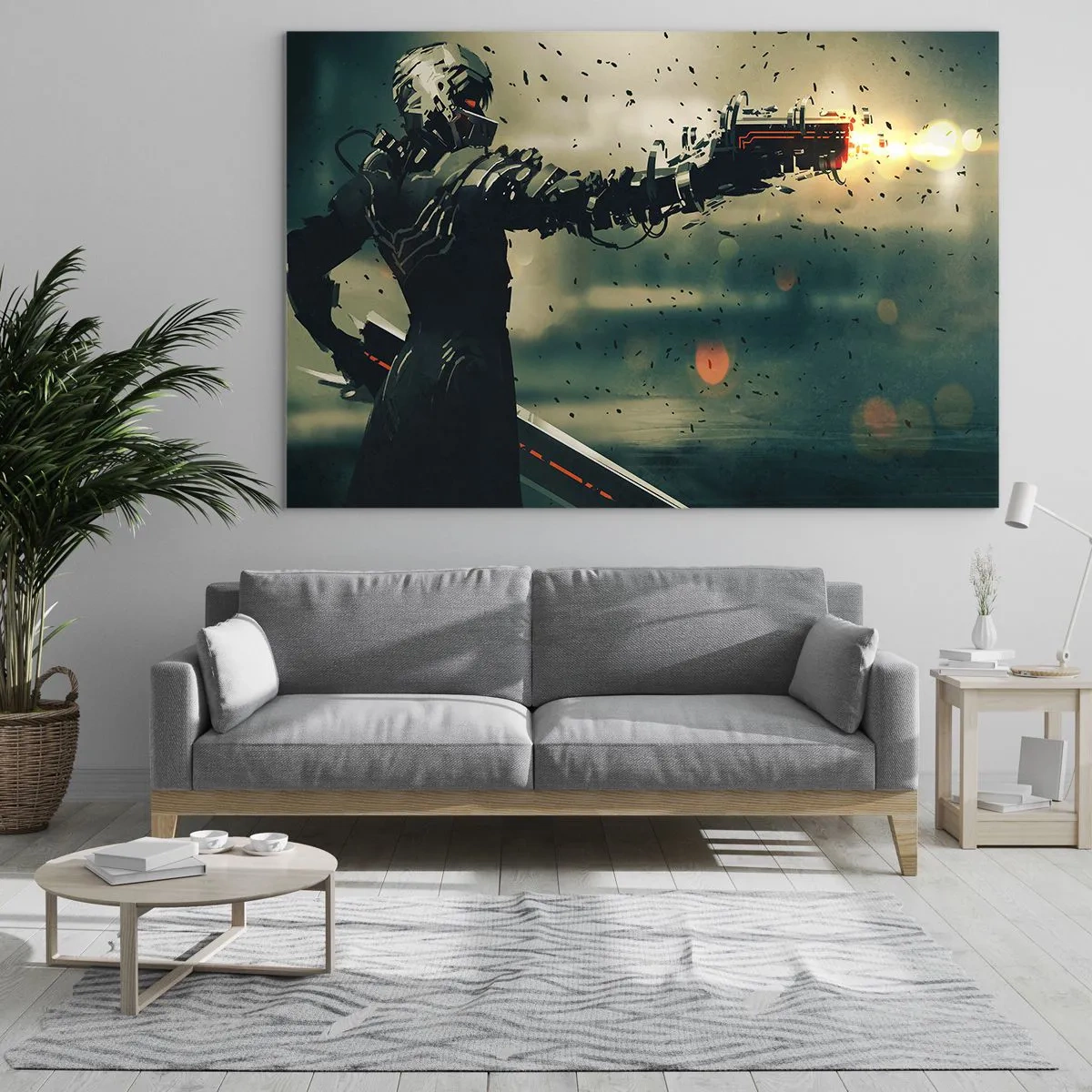 Glasbild - Bild auf glas - Ein Cyberkrieger im futuristischen Stil mit Energiewaffen - 120x80cm - Tödliche Waffe - Dein ganz eigener Terminator - Moderne Wanddekoration für Wohnzimmer und Schlafzimmer ARTTOR