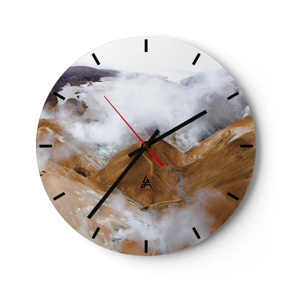 Wanduhr - Glasuhr - Islands Berglandschaft mit Nebel, der über dem Tal hängt - 30x30cm - Islands rohe Schönheit - Moderne Wanddekoration für Wohnzimmer, Küche und Schlafzimmer ARTTOR