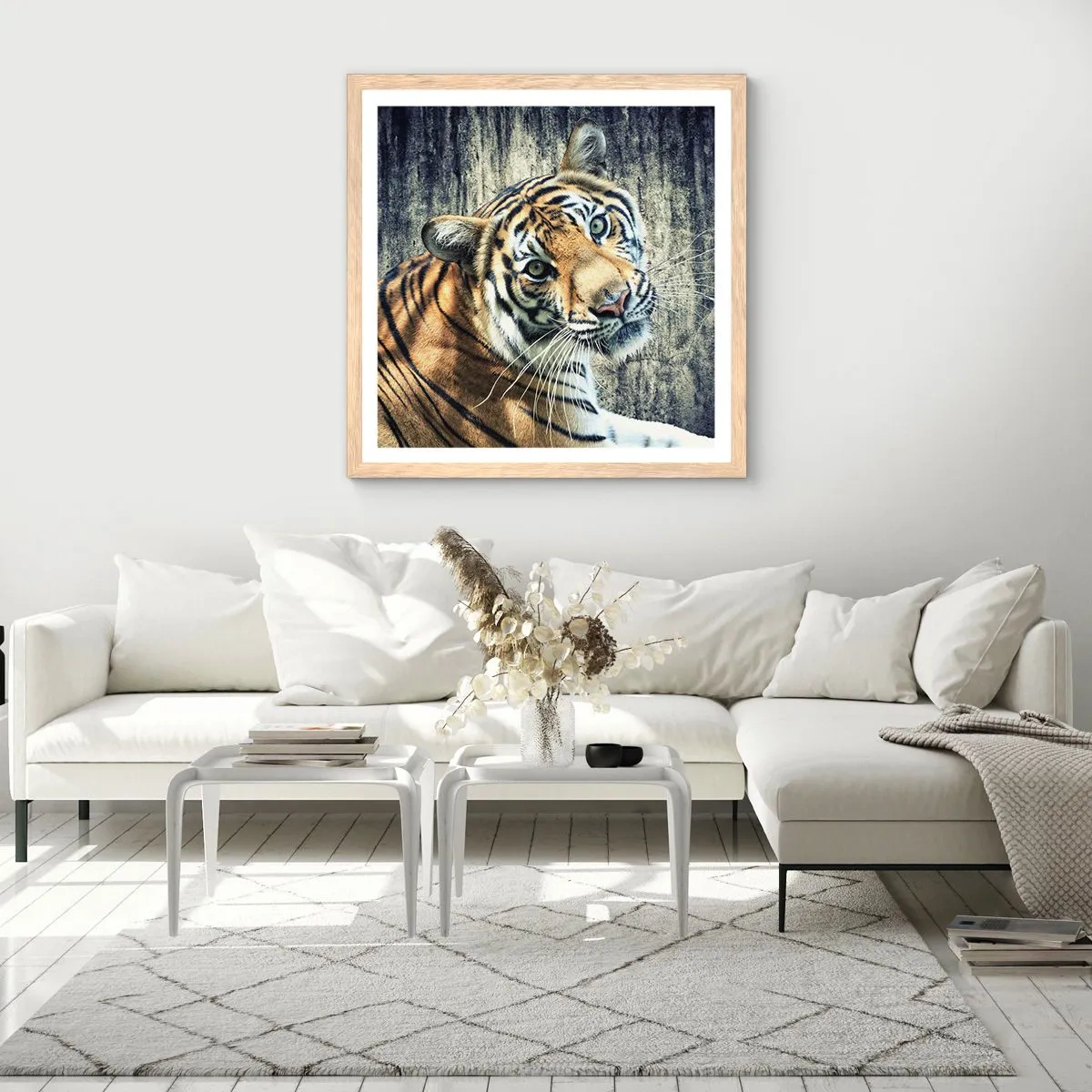 Poster in einem Rahmen aus heller Eiche - Portrait in Lichtstrahlen - 60x60 cm