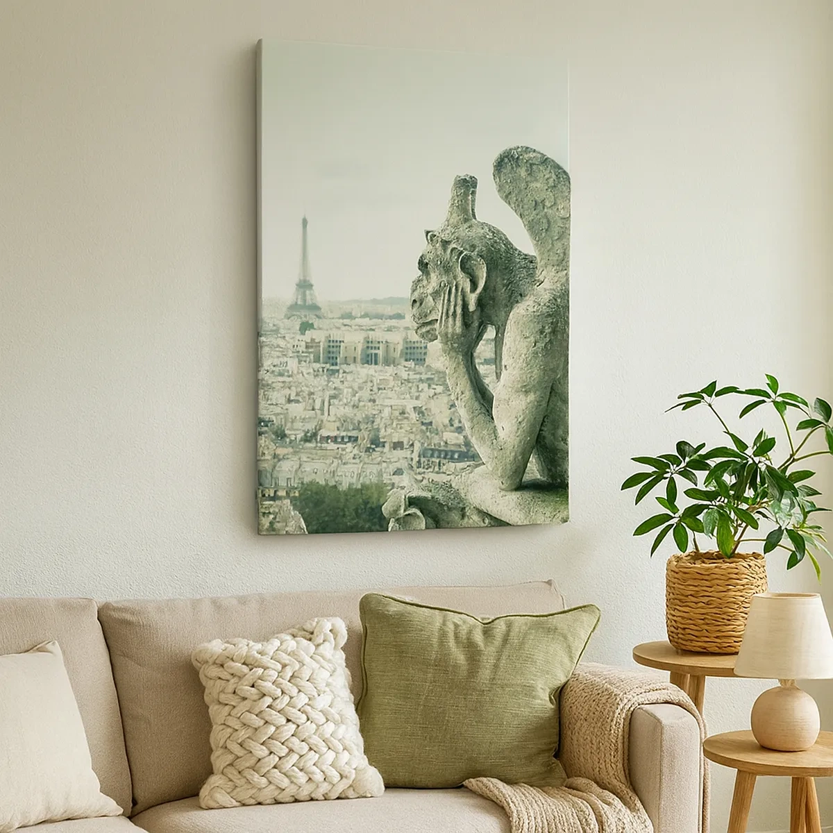 Bild auf Leinwand - Leinwandbild - Wasserspeier mit Blick auf die Skyline von Paris und den Eiffelturm - 50x70cm - Pariser Plaudern - Moderne Wanddekoration für Wohnzimmer und Schlafzimmer ARTTOR