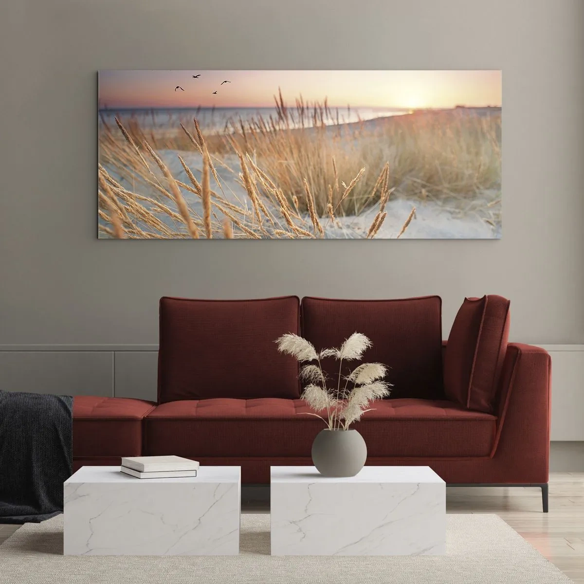 Glasbild - Bild auf glas - Sonnenuntergangsstrand mit hohem Gras - 140x50cm - Das baltische Wiegenlied - Moderne Wanddekoration für Wohnzimmer und Schlafzimmer ARTTOR