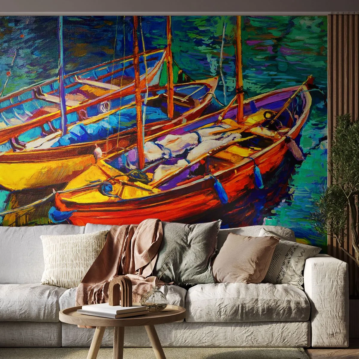 Fototapete Premium Sand - Bunte Segelboote auf dem Wasser im malerischen Stil - 100x70cm - Auf Wasser dick mit Farben - Moderne Wanddekoration für Wohnzimmer und Schlafzimmer ARTTOR