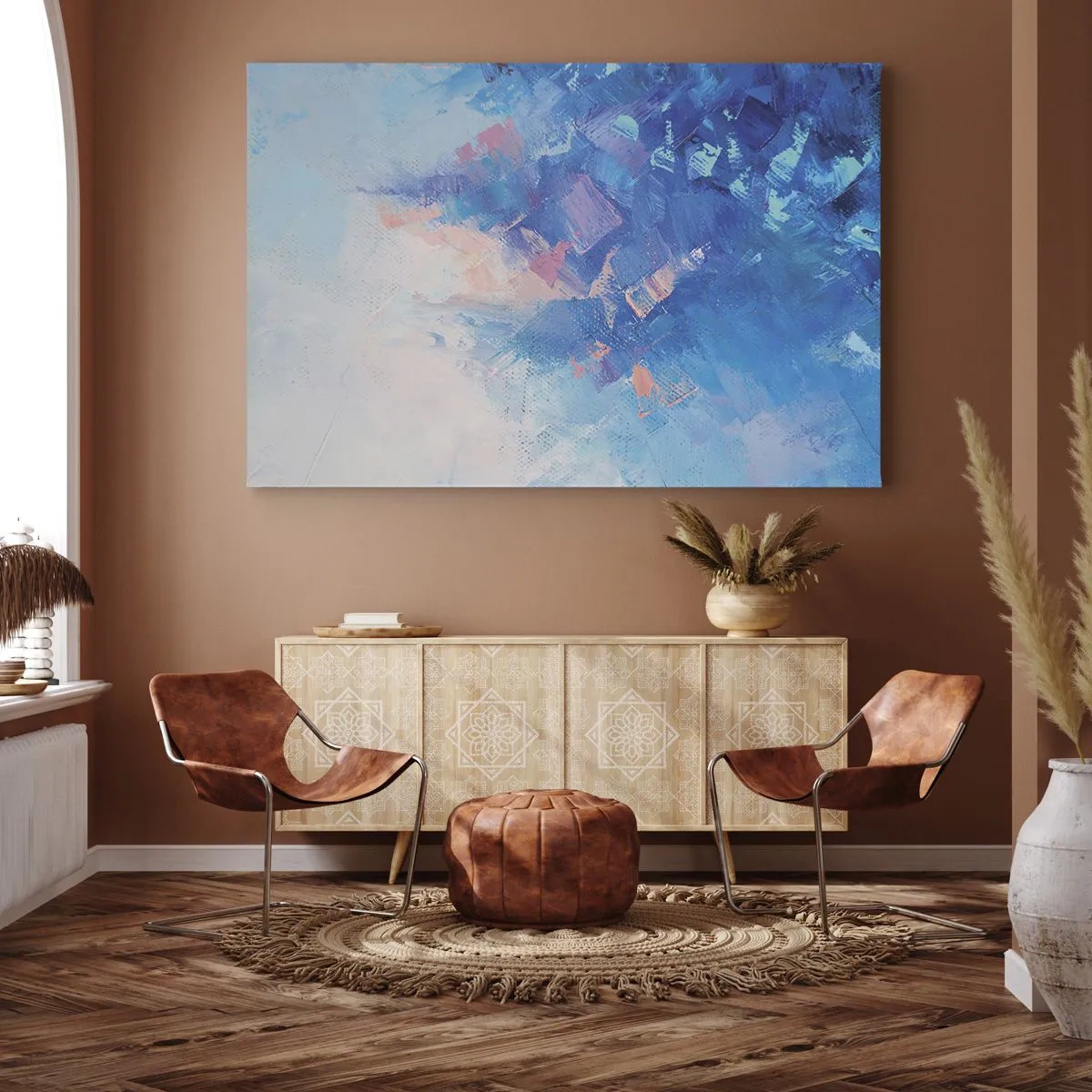 Bild auf Leinwand - Leinwandbild - Abstrakte Komposition in Blau- und Rosatönen - 100x70cm - Winter-Abstraktion - Moderne Wanddekoration für Wohnzimmer und Schlafzimmer ARTTOR