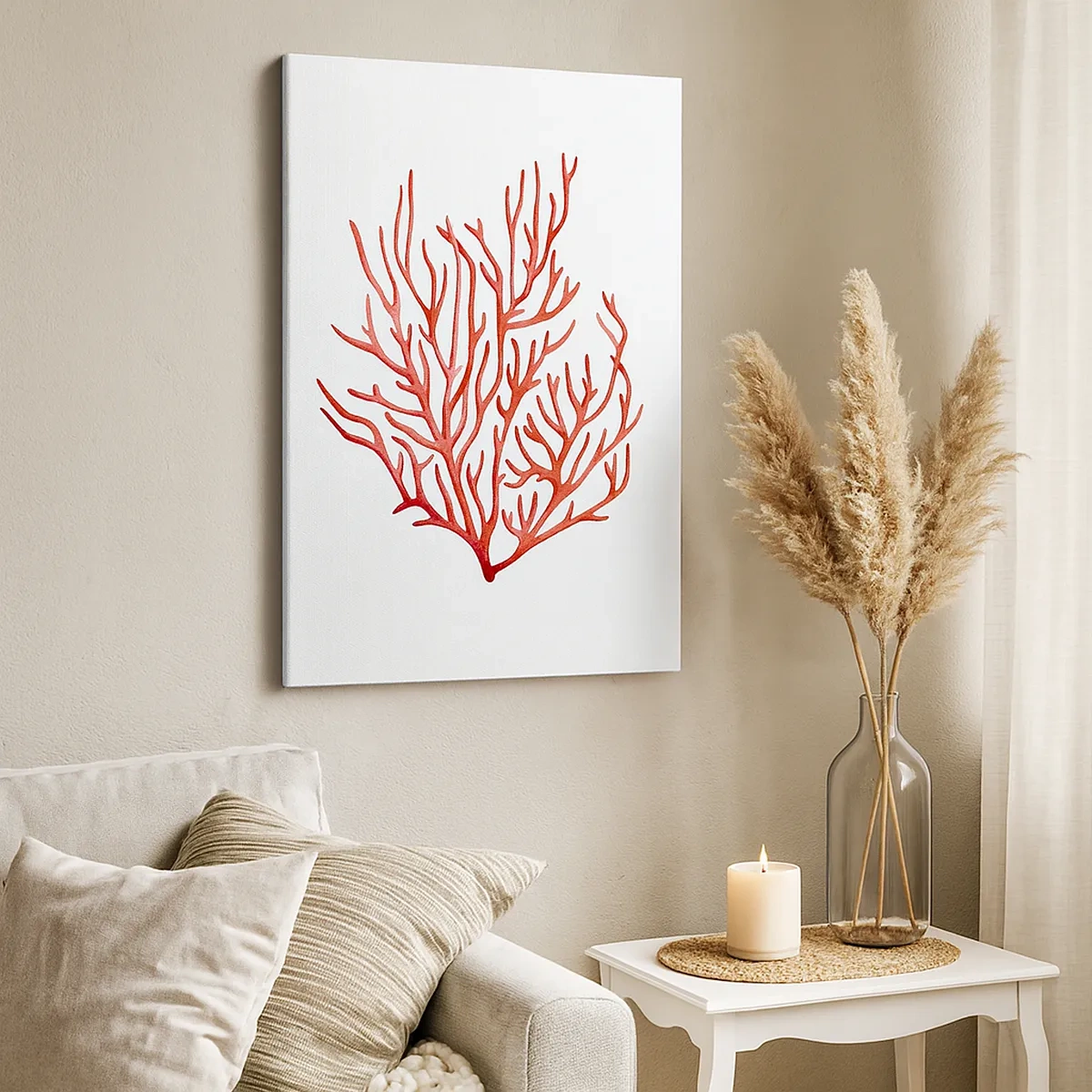 Bild auf Leinwand - Leinwandbild - Rote Koralle auf weißem Hintergrund im minimalistischen Stil - 50x70cm - Korallenfiligran - Moderne Wanddekoration für Wohnzimmer und Schlafzimmer ARTTOR