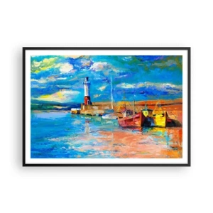 Poster in einem schwarzem Rahmen - Fischerhafen mit Booten und einem Leuchtturm in leuchtenden Farben - 100x70cm - Ein Nachmittag in der Regenbogenbucht - Moderne Wanddekoration für Wohnzimmer und Schlafzimmer ARTTOR