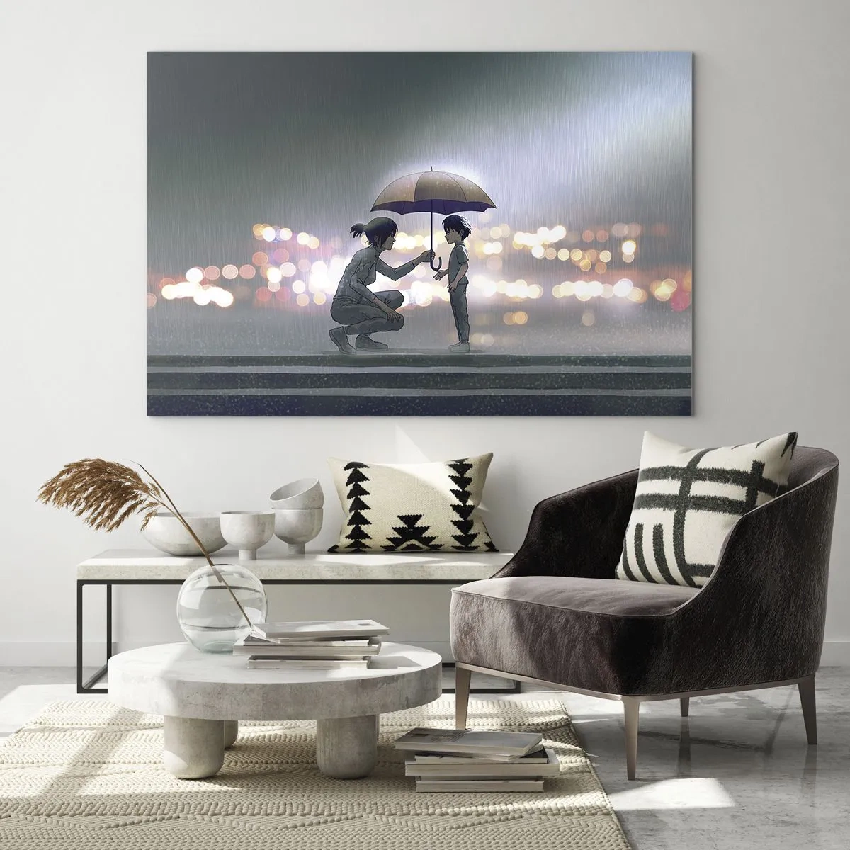 Glasbild - Bild auf glas - Figuren im Regen mit Regenschirmen vor dem Hintergrund der Nachtlichter - 70x50cm - Und jetzt ist alles in Ordnung - Moderne Wanddekoration für Wohnzimmer und Schlafzimmer ARTTOR