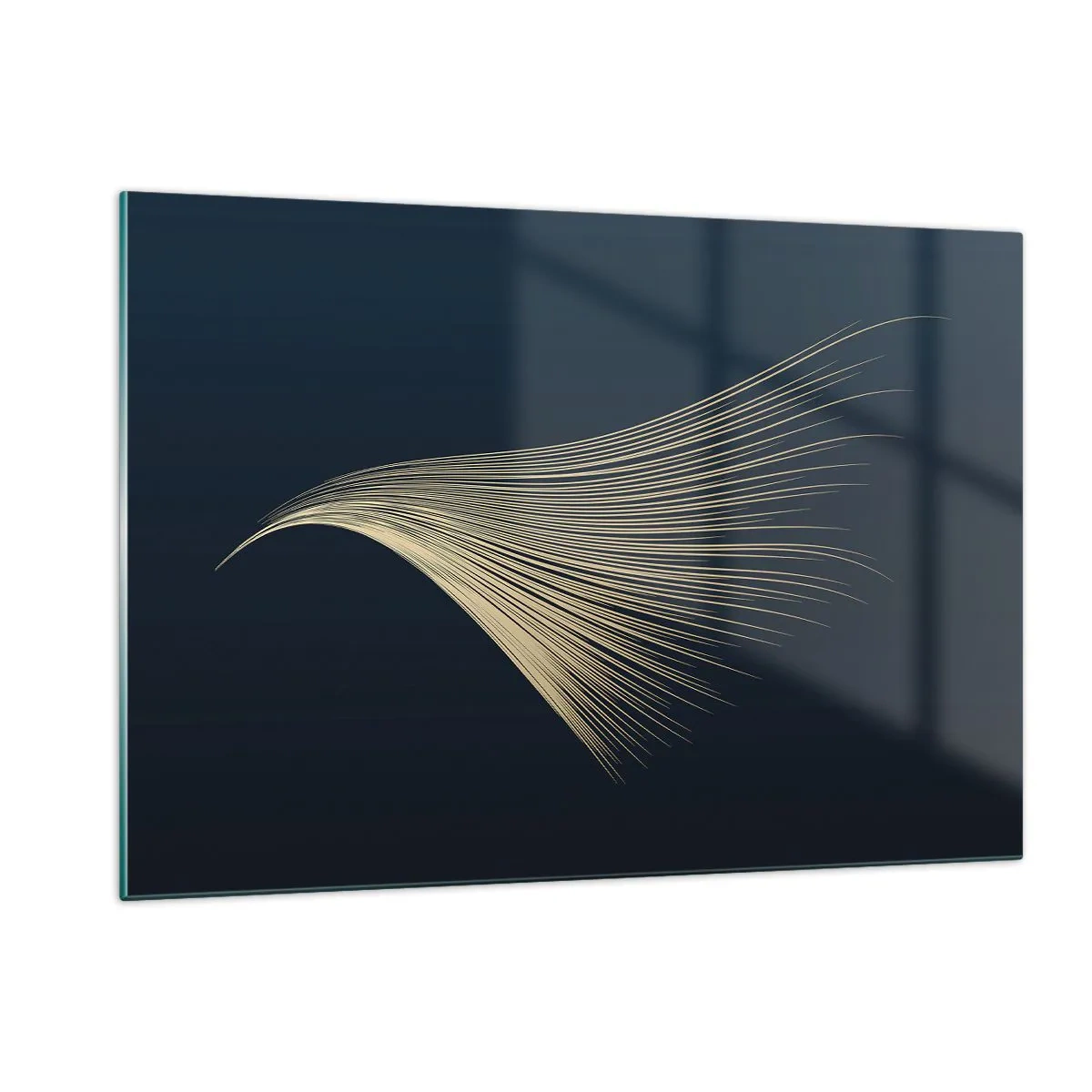 Glasbild - Bild auf glas - Eine goldene Linie, die einem Flügel auf einem marineblauen Hintergrund ähnelt - 120x80cm - Wie das Haar eines Engels - Moderne Wanddekoration für Wohnzimmer und Schlafzimmer ARTTOR