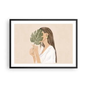 Poster in einem schwarzem Rahmen - Porträt einer Frau mit einem Monstera-Blatt auf beigem Hintergrund - 70x50cm - Geheimnisvolles Porträt mit Fächer - Moderne Wanddekoration für Wohnzimmer und Schlafzimmer ARTTOR