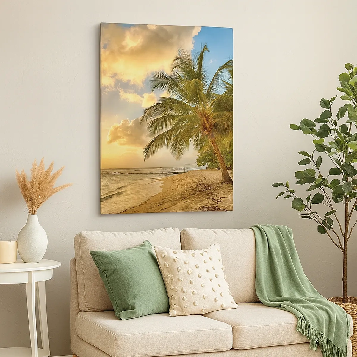 Bild auf Leinwand - Leinwandbild - Strand mit Palmen und einem Sonnenuntergang über dem Meer - 50x70cm - Ewiger Sommer, immer Urlaub - Moderne Wanddekoration für Wohnzimmer und Schlafzimmer ARTTOR