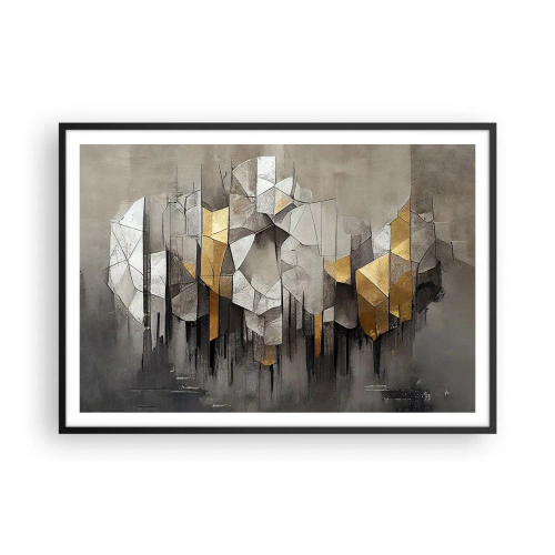 Poster in einem schwarzem Rahmen - Geometrische Abstraktion in Gold- und Grautönen - 100x70cm - Komposition aus Eis und Licht - Moderne Wanddekoration für Wohnzimmer und Schlafzimmer ARTTOR