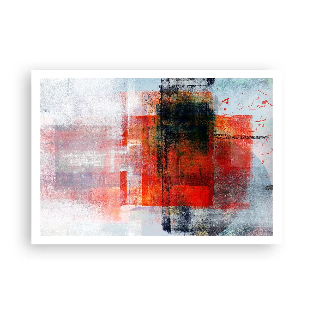 Poster - Abstrakte geometrische Komposition mit roten und orangefarbenen Akzenten - 100x70cm - Komposition leuchtet - Moderne Wanddekoration für Wohnzimmer und Schlafzimmer ARTTOR