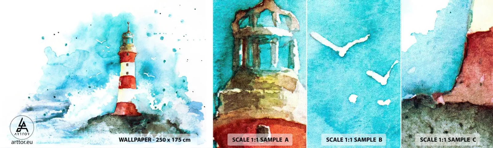 Fototapetenmuster Standard Eco - Einheit der Elemente - Leuchtturm, Landschaft, Grafik - 100x30 cm